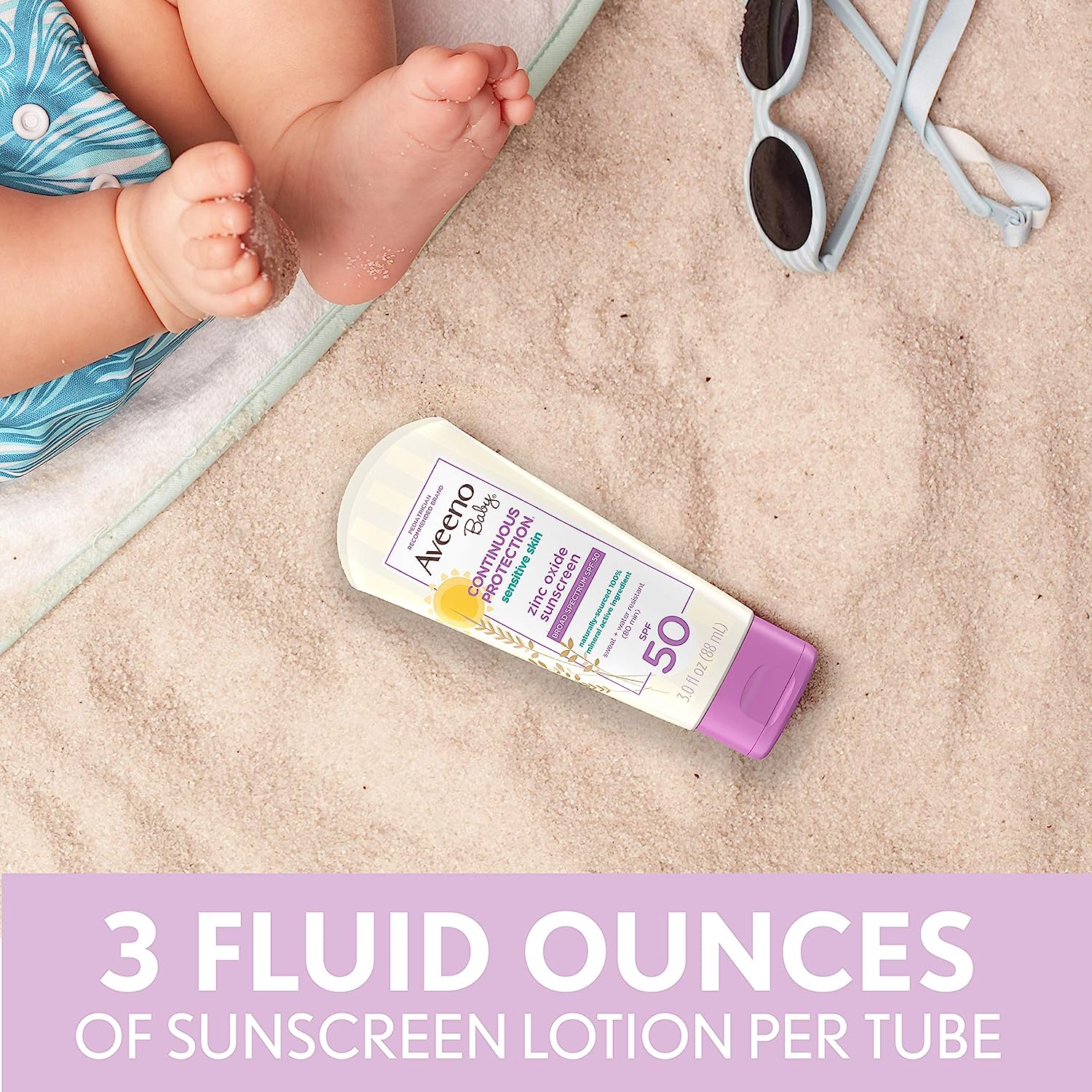 Aveeno Baby Continuous Protection Zinc Oxide Mineral Sunscreen Lotion for Sensitive Skin, Broad Spectrum SPF 50, Paraben- & Tear-Free, Sweat- & Water-Resistant, Travel-Size, 2 x 3 fl. oz - Image 10